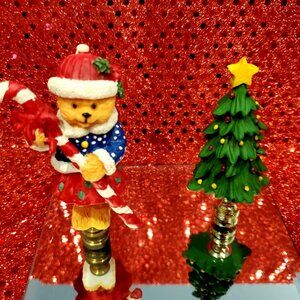 L@@K Christmas Tree & Christmas Bear Lamp Toppers Finial Ornaments ~ Lot of Two